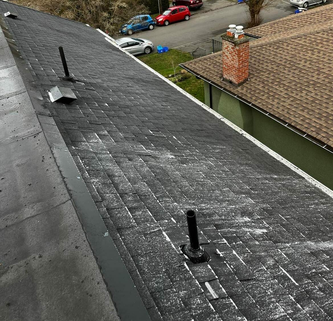 White foaming action of treatment spray applied to a roof during moss and algae removal.